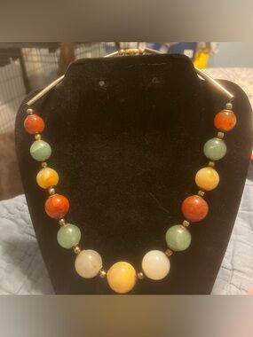 Handmade Polished Stone Statement Necklace with Gold and Silver Accents
